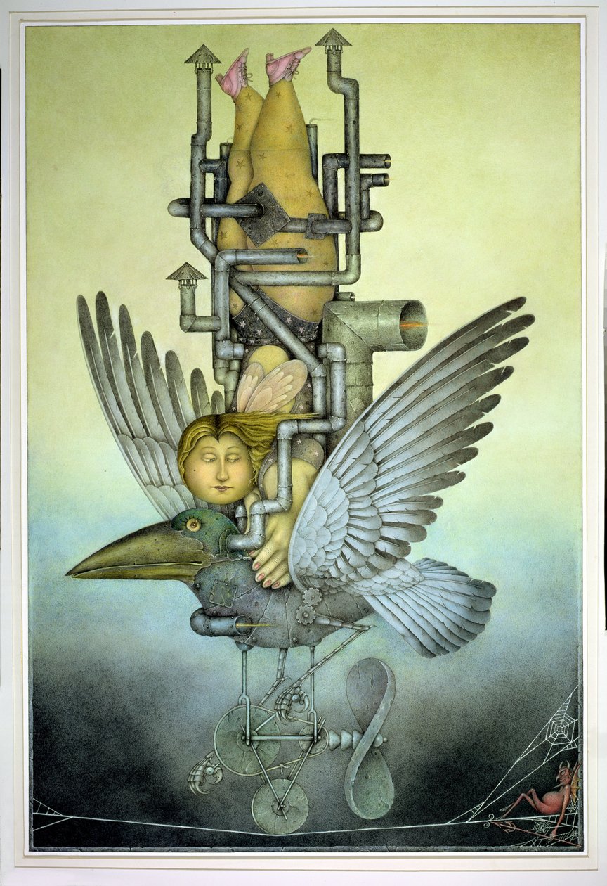 Balanszírozó lány mechanikus madáron kötélen (ceruza és színes zsírkréta papíron) alkotó: Wayne Anderson