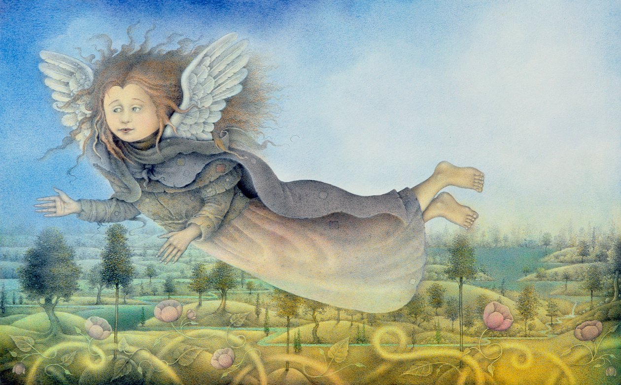 Flying Fairy Over Landscape (ceruza és színes zsírkréta papírra) alkotó: Wayne Anderson