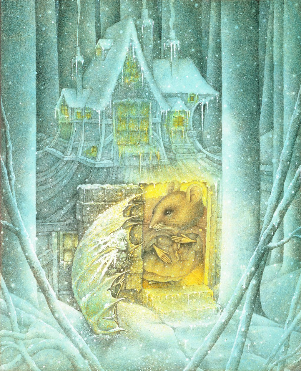 Thumbelina és az egér a hóban (ceruza és színes zsírkréta papíron) alkotó: Wayne Anderson