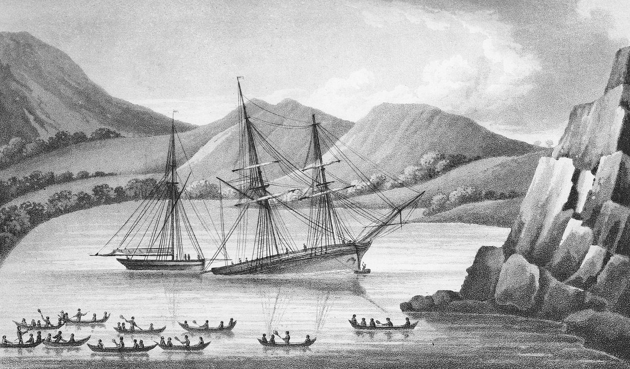 Brig Jane és Cutter Beaufoy jégszigetek láncán haladnak át, 1826 alkotó: Weddell