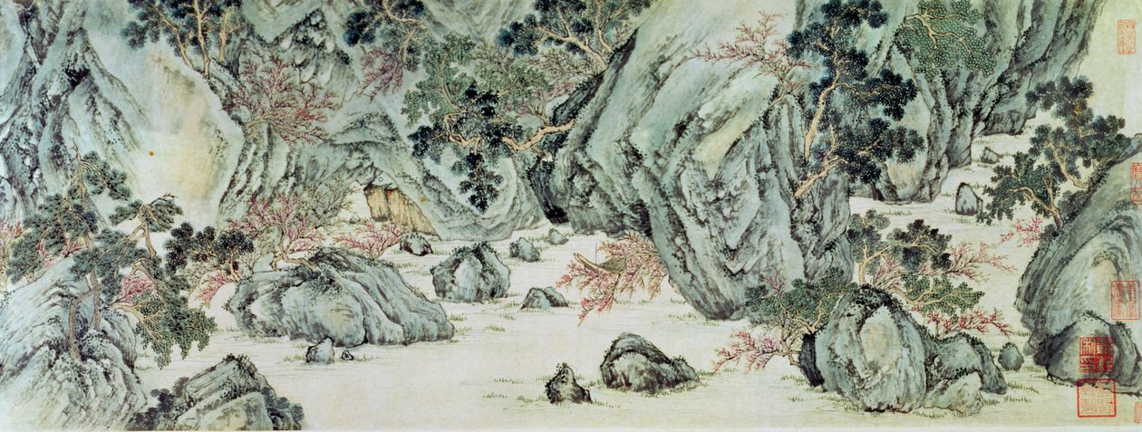 Utazás a halhatatlanok földjére a "The Peach Blossom Spring" részlete Wang Wei "Tao Yuan Bi Jing" című verséből alkotó: Wen Zhengming