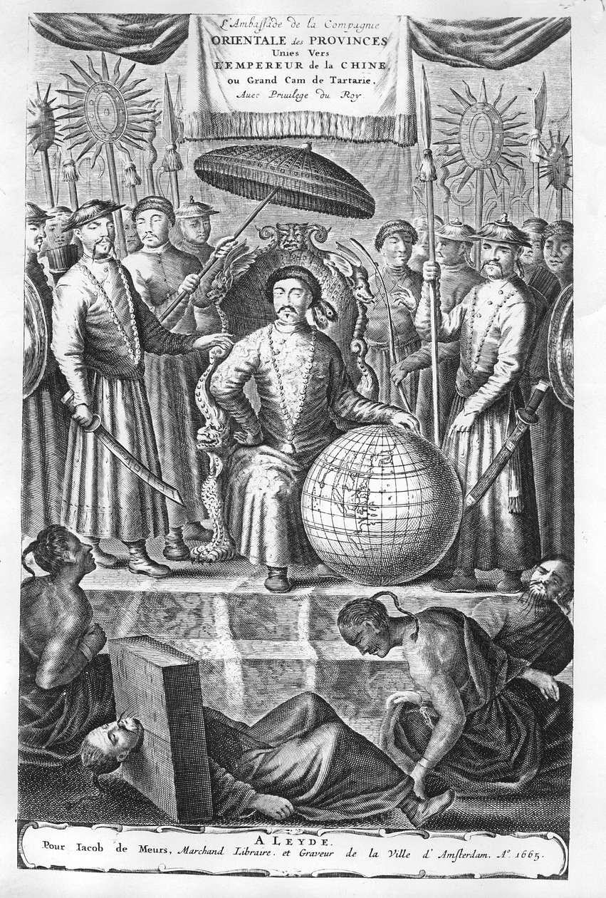 Jan Nieuhof "Az Egyesült Tartományok Kelet-indiai Társaságának követsége a kínai nagy tatár Csam császárhoz" című művének címlapképe, 1665-ben megjelent kiadás. alkotó: Wenceslaus Hollar
