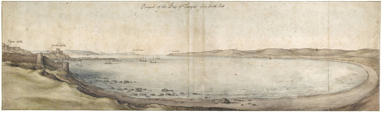 A Tanger-öböl kilátása délkeletről (Toll és barna tinta, grafitra festett akvarell) alkotó: Wenceslaus Hollar