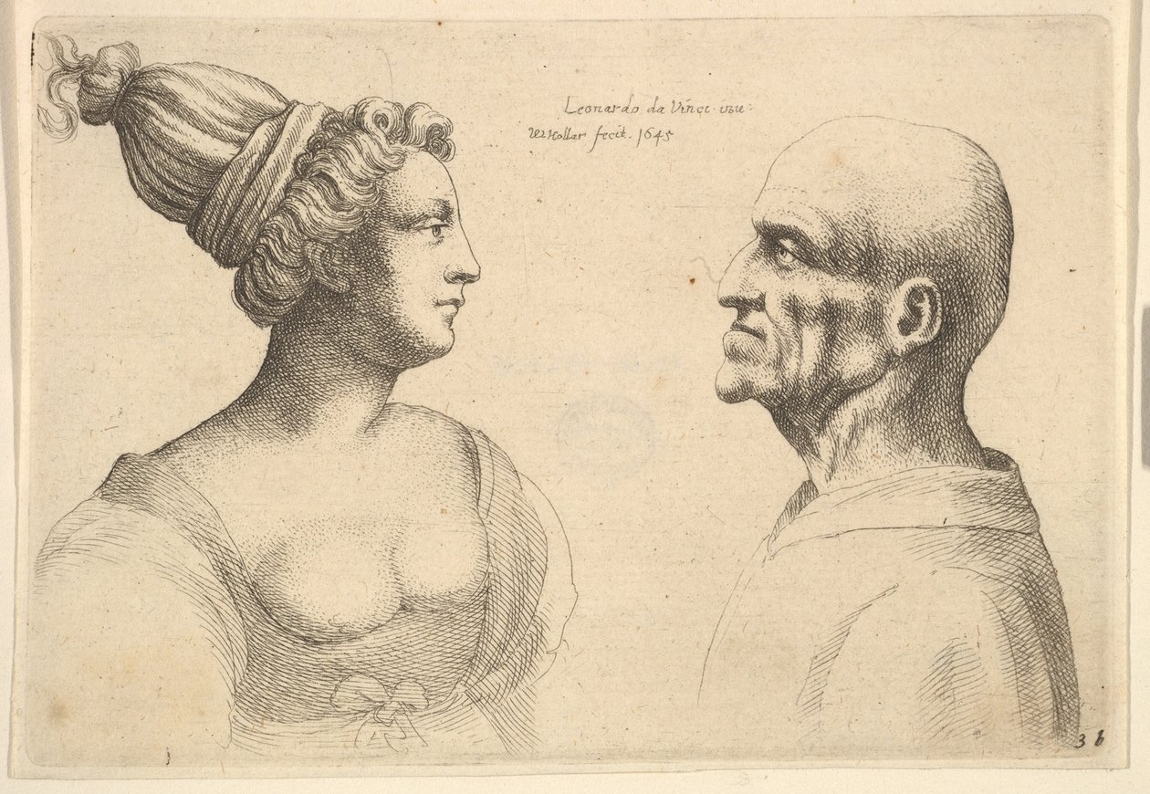 Egy hátrakötött hajú nő és egy kopasz férfi egymással szemben, 1645. alkotó: Wenceslaus Hollar