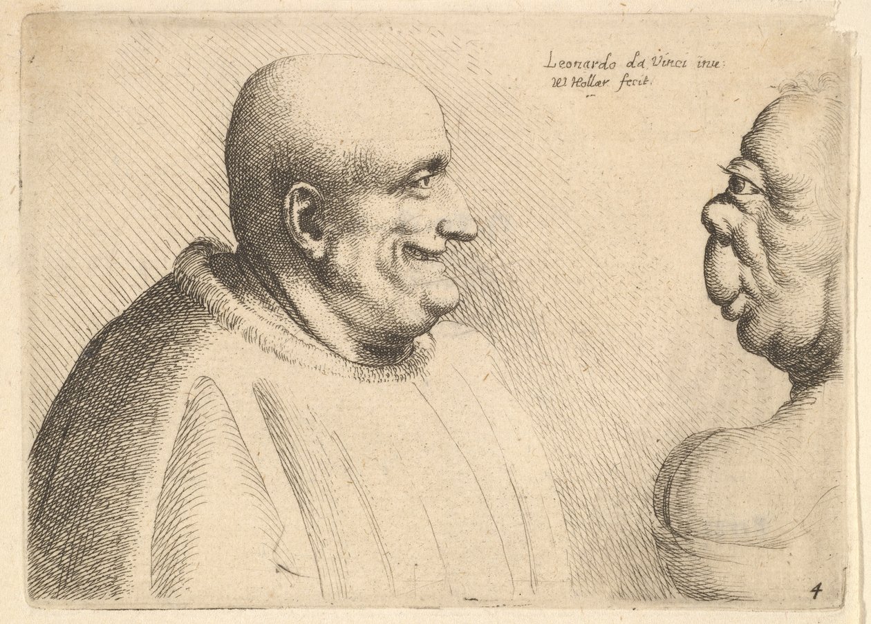 Nagydarab férfi kopasz fejjel, szemben egy groteszk nővel, 1625-77. alkotó: Wenceslaus Hollar