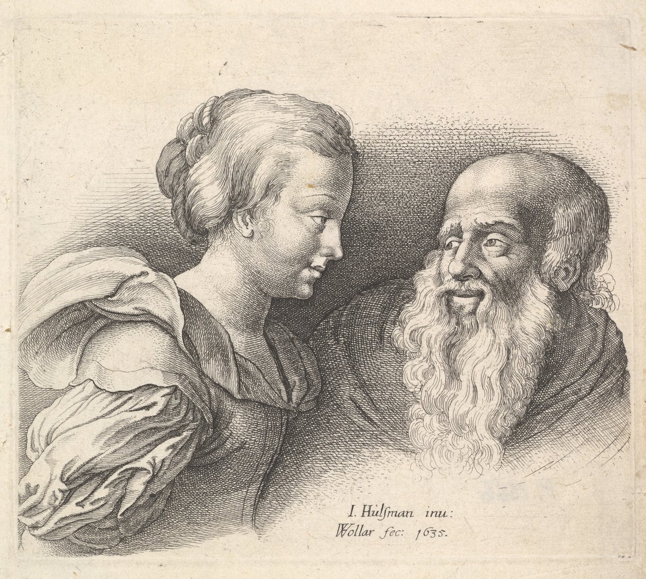 Egy öregember és egy lány, Hulsman nyomán, 1635. alkotó: Wenceslaus Hollar