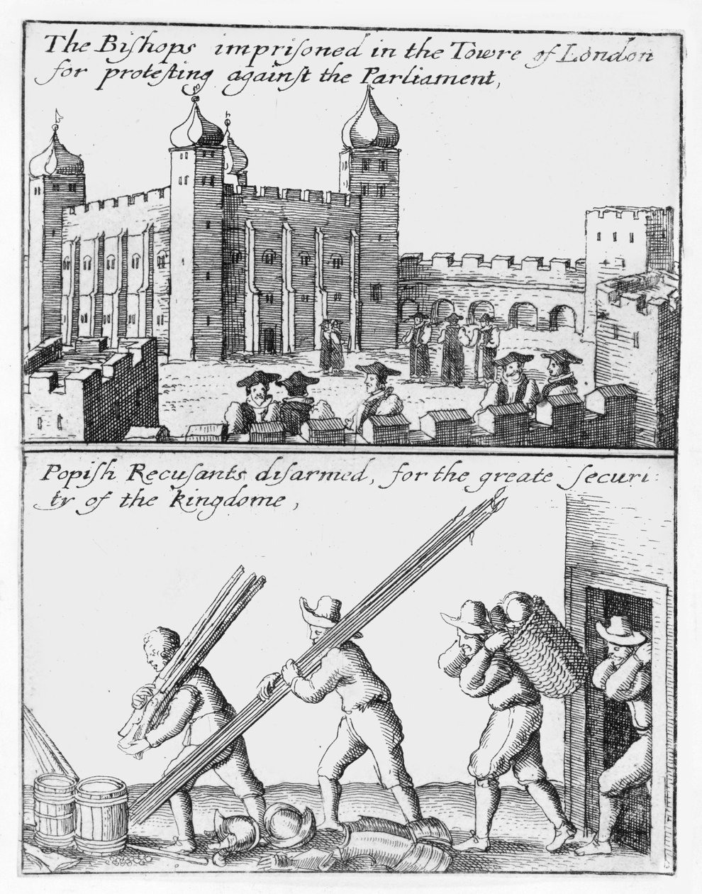 A londoni Towerben bebörtönzött püspökök; A pápai visszavágókat leszerelték alkotó: Wenceslaus Hollar