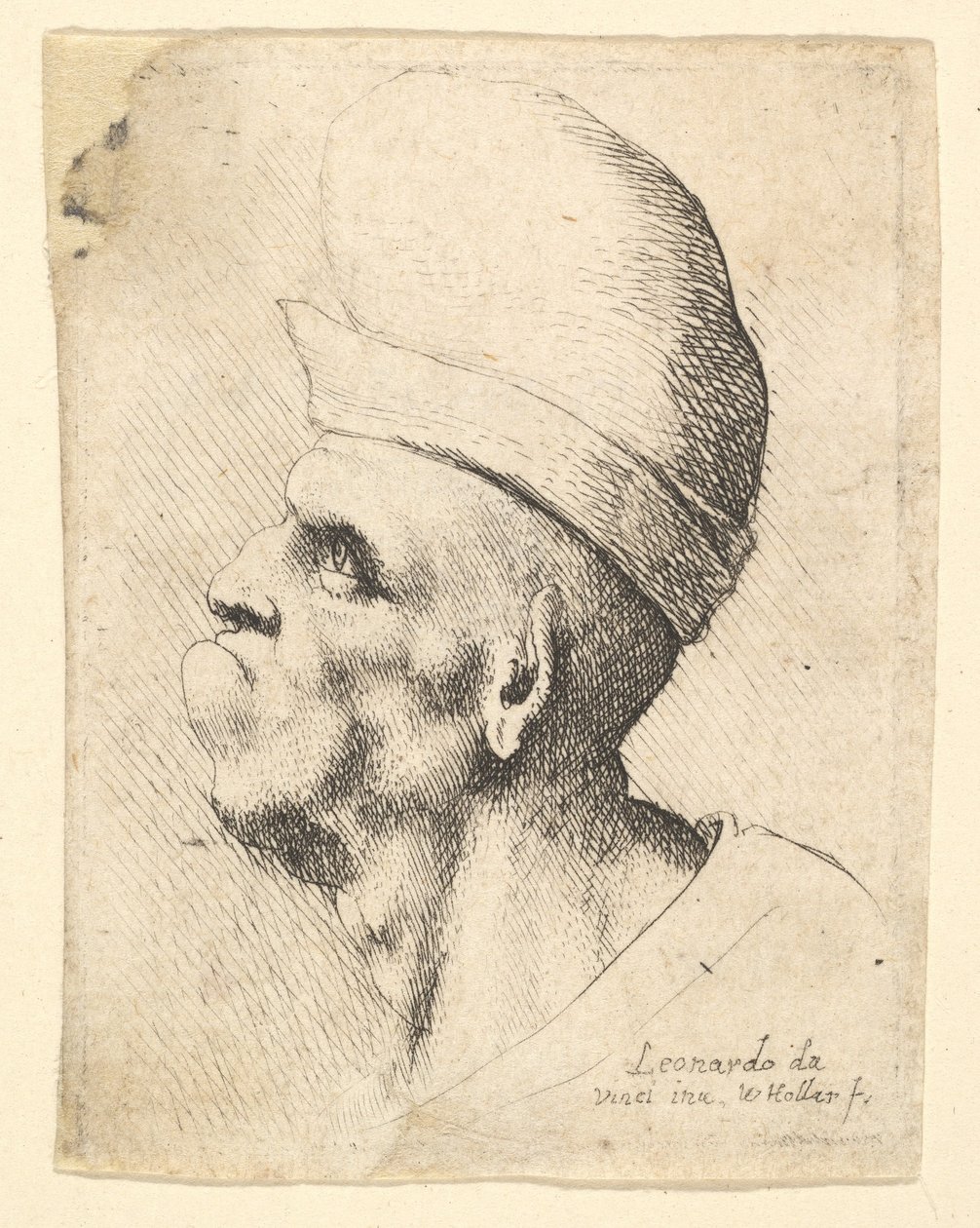 Gombos kalapot viselő, deformált férfi mellszobra profilban balra, 1625-77. alkotó: Wenceslaus Hollar