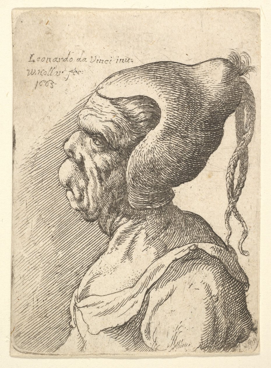 Egy deformált nő mellképe kúpos kalappal és két lelógó copfbal, balra, 1665. alkotó: Wenceslaus Hollar