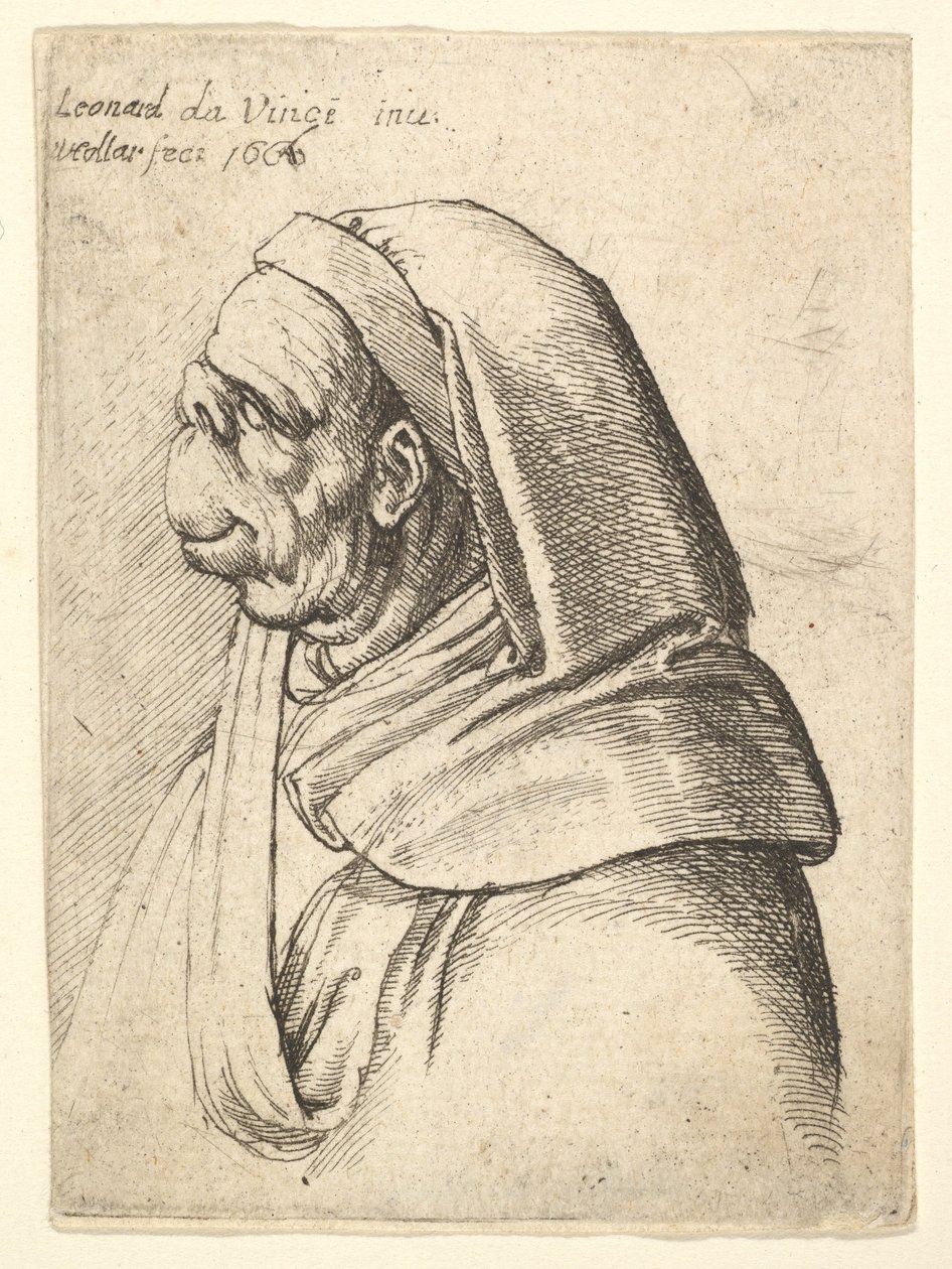 Kis felhajtott orrú, nagyon magas felső ajakú, csuklyát viselő férfi mellszobra, profil..., 1666. alkotó: Wenceslaus Hollar