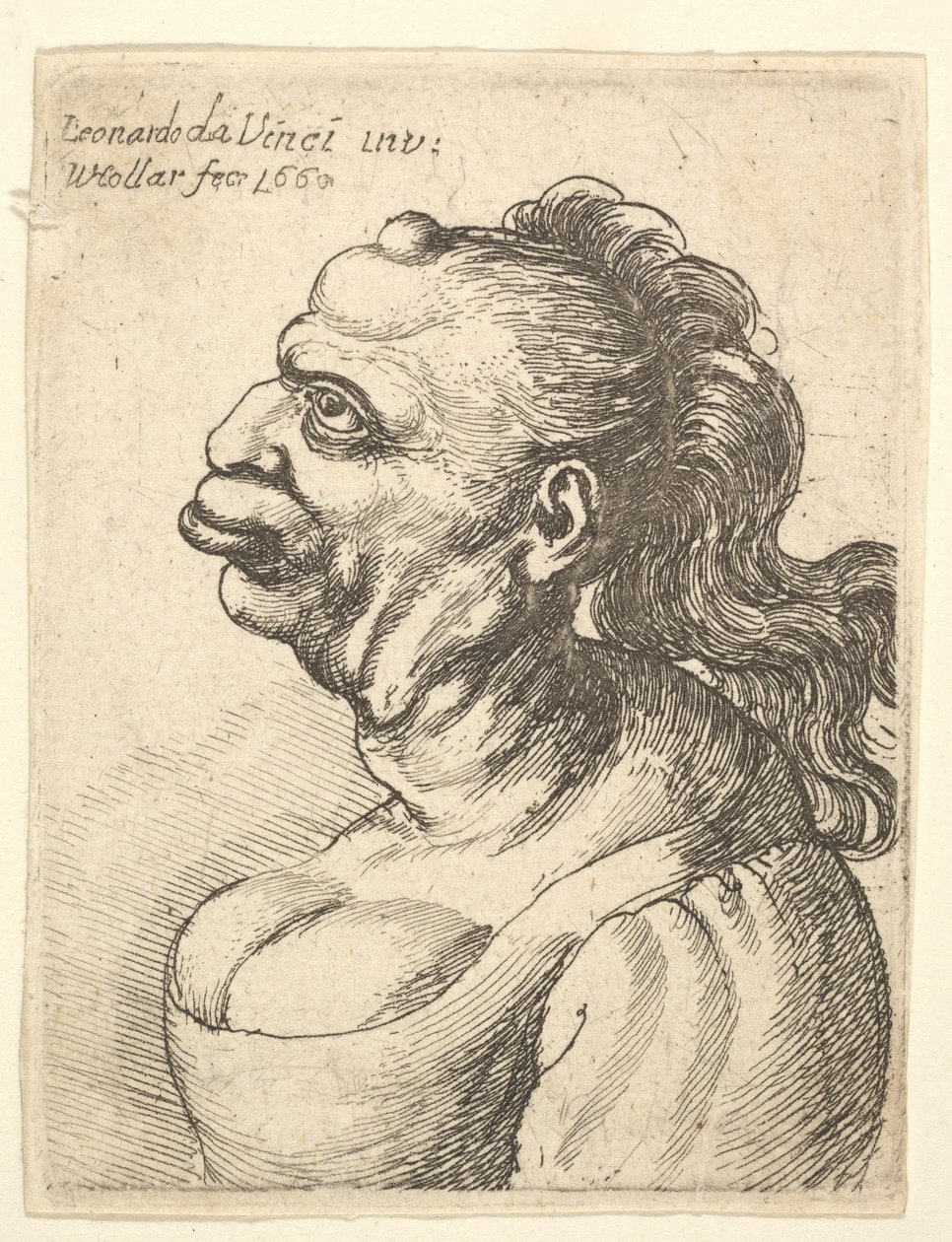 Mélyen dekoltált ruhát viselő nő mellszobra, kiálló ajkakkal, homlokán növekedés, promi..., 1660. alkotó: Wenceslaus Hollar