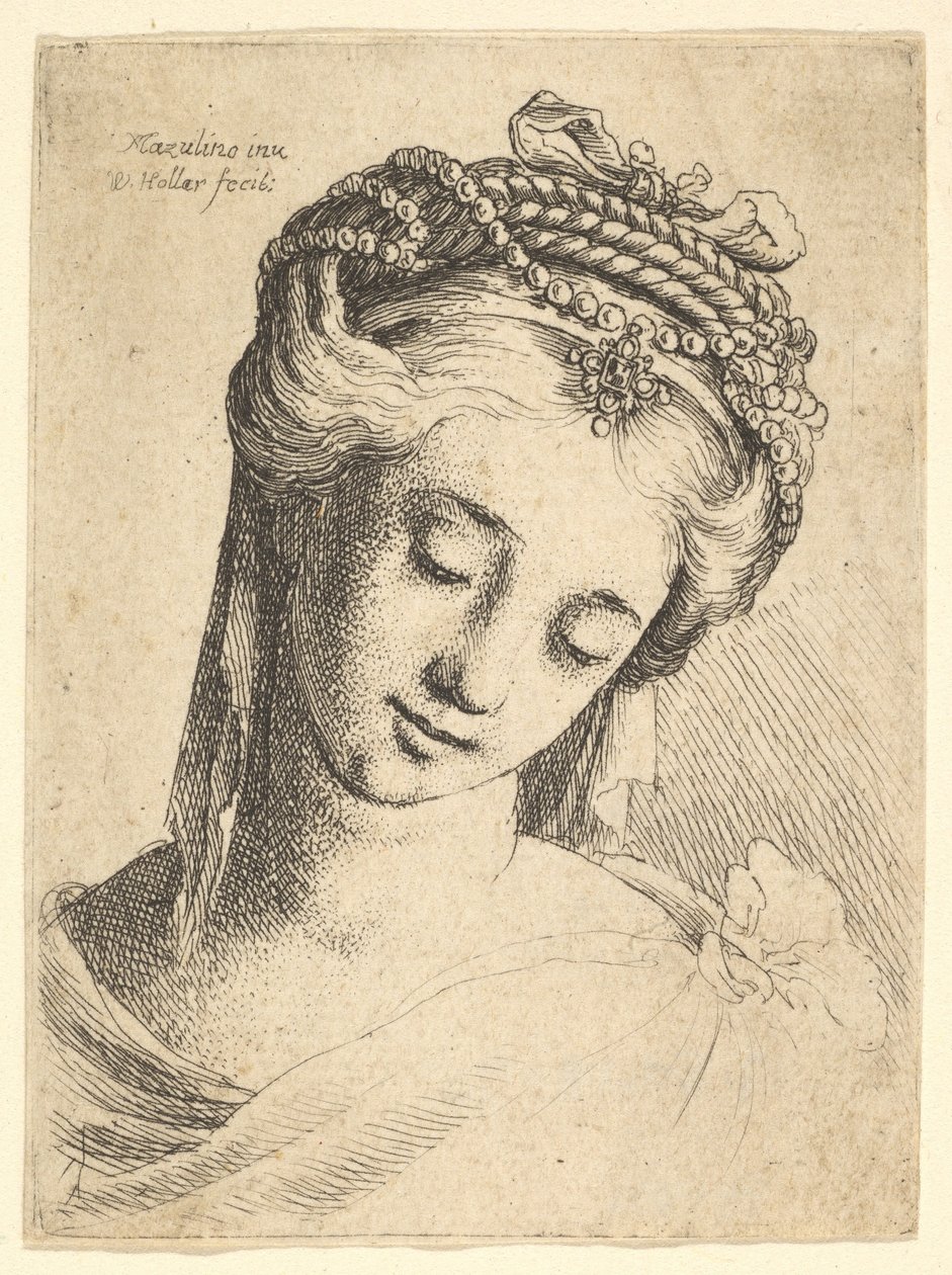 Kidolgozott fejdíszes fiatal nő mellszobra lefelé néz., 1625-77. alkotó: Wenceslaus Hollar