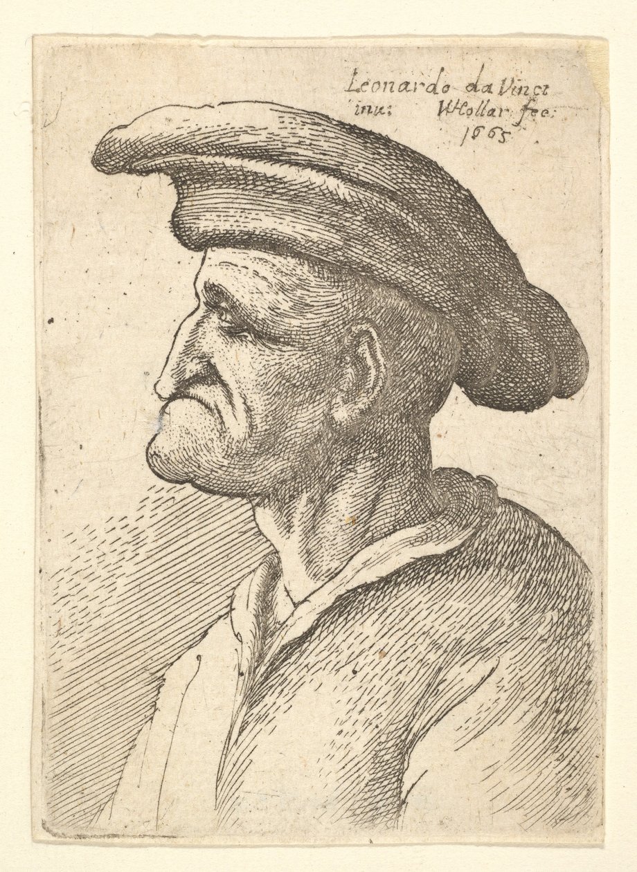 Idős férfi mellszobra alsó ajkához érő orral, széles lapos sapkát viselő profilban, t..., 1665. alkotó: Wenceslaus Hollar