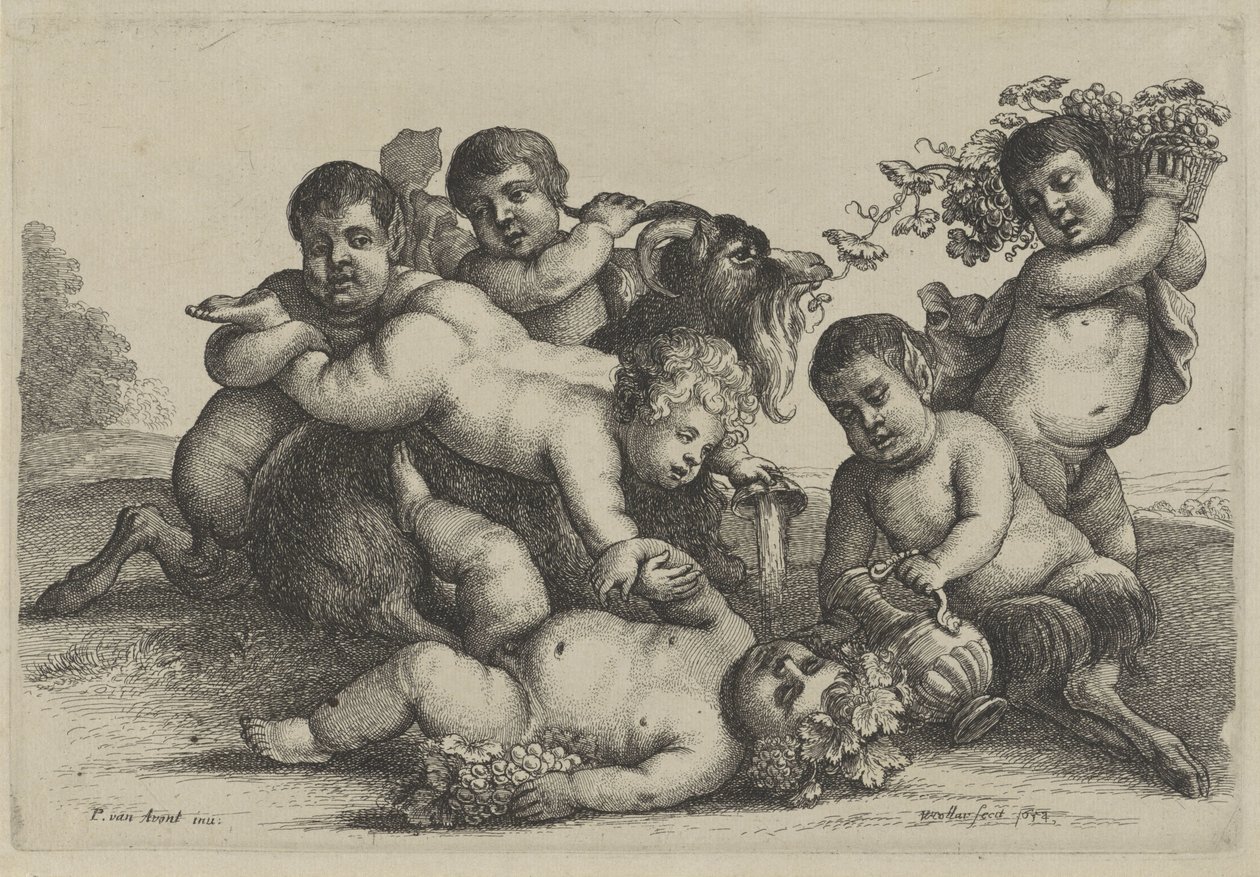 Három kisfiú, két szatír és egy bacchant egy kecske Putti és szatírok (sorozat címe) alkotó: Wenceslaus Hollar