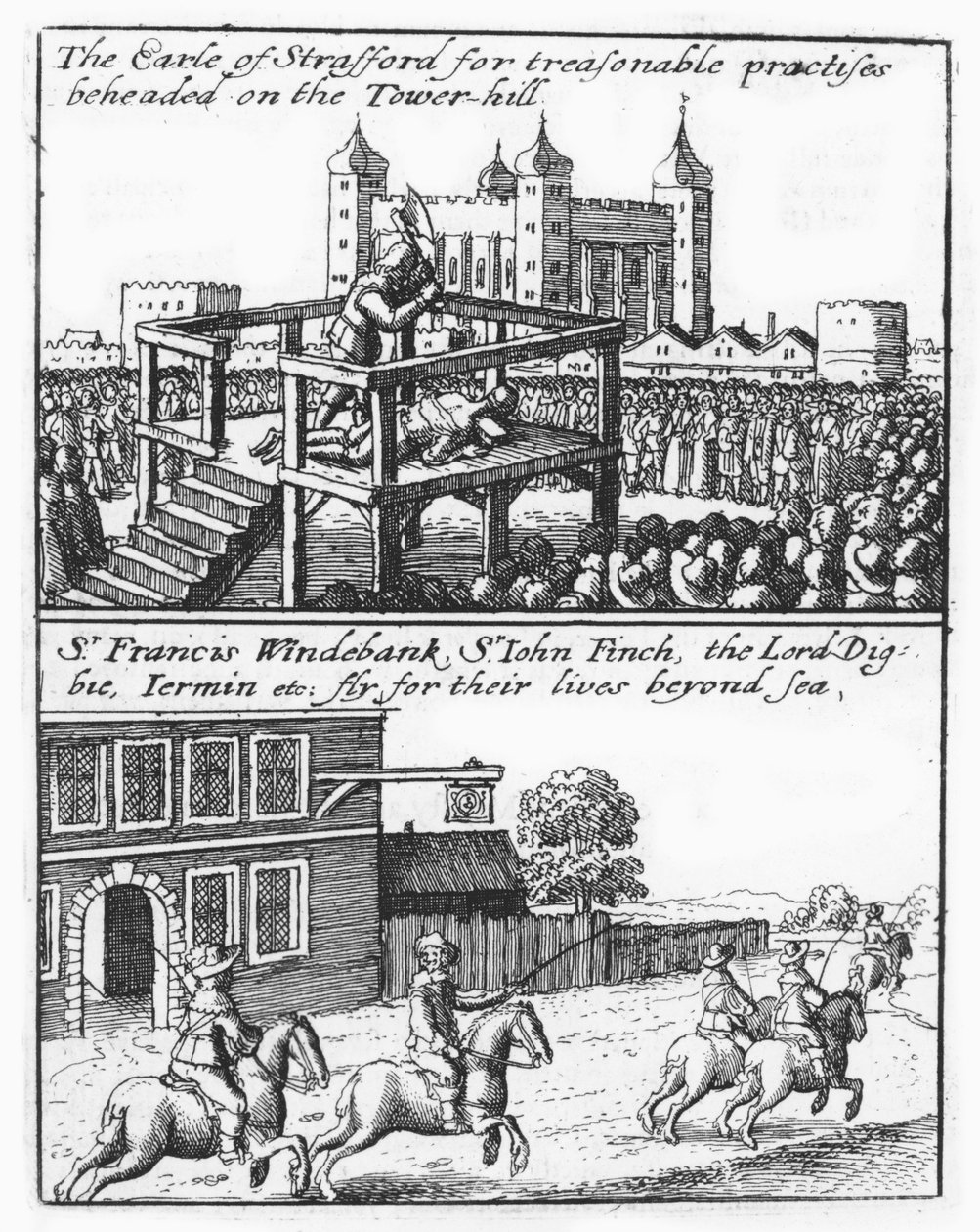 Stafford grófját lefejezték a Tower Hillen; Sir Francis Windebank, Sir John Finch és Lord Digby elmenekül Angliából alkotó: Wenceslaus Hollar