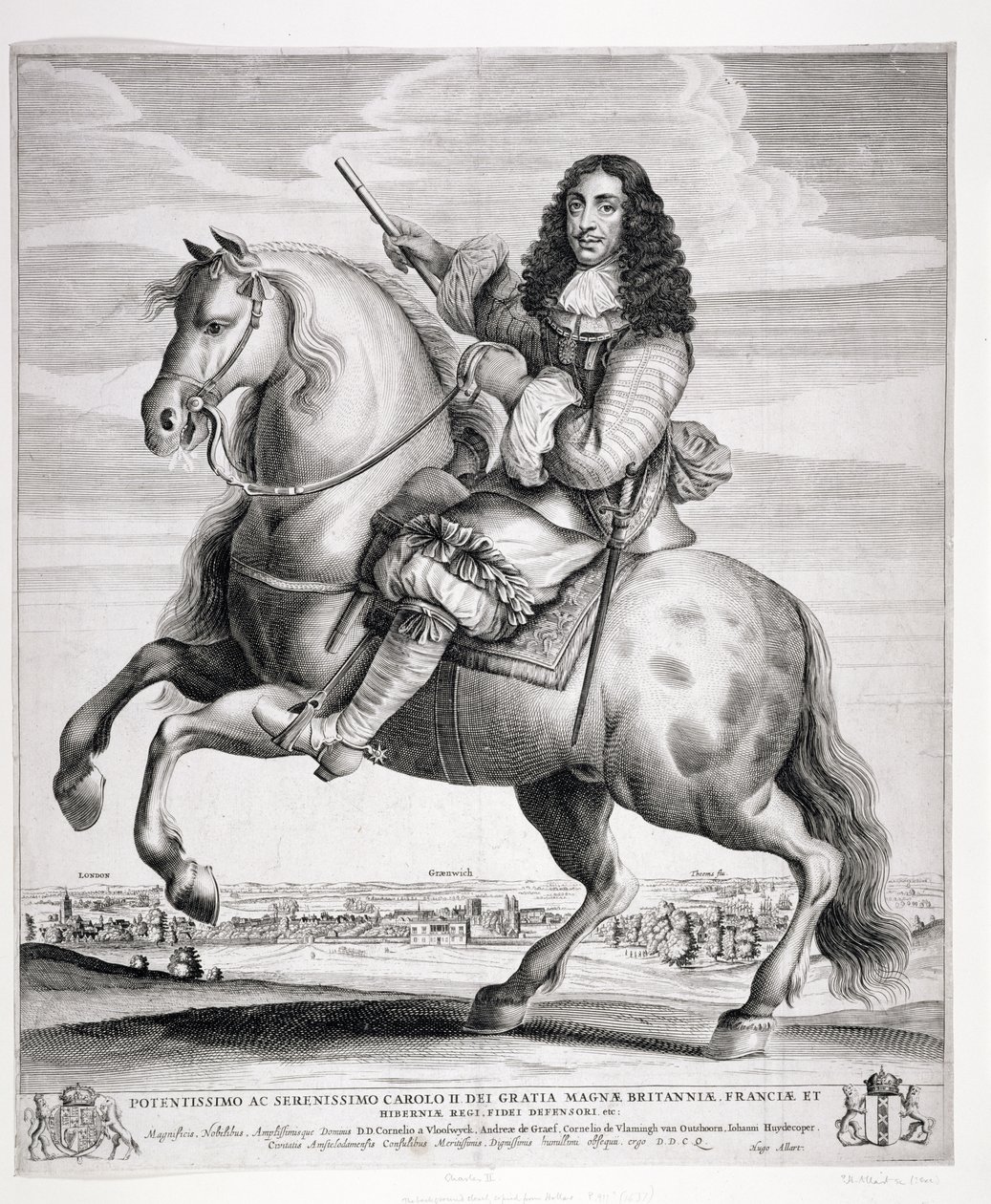 II. Károly (1630-85) lovas portréja tájjal, megjelent 1670 körül alkotó: Wenceslaus Hollar