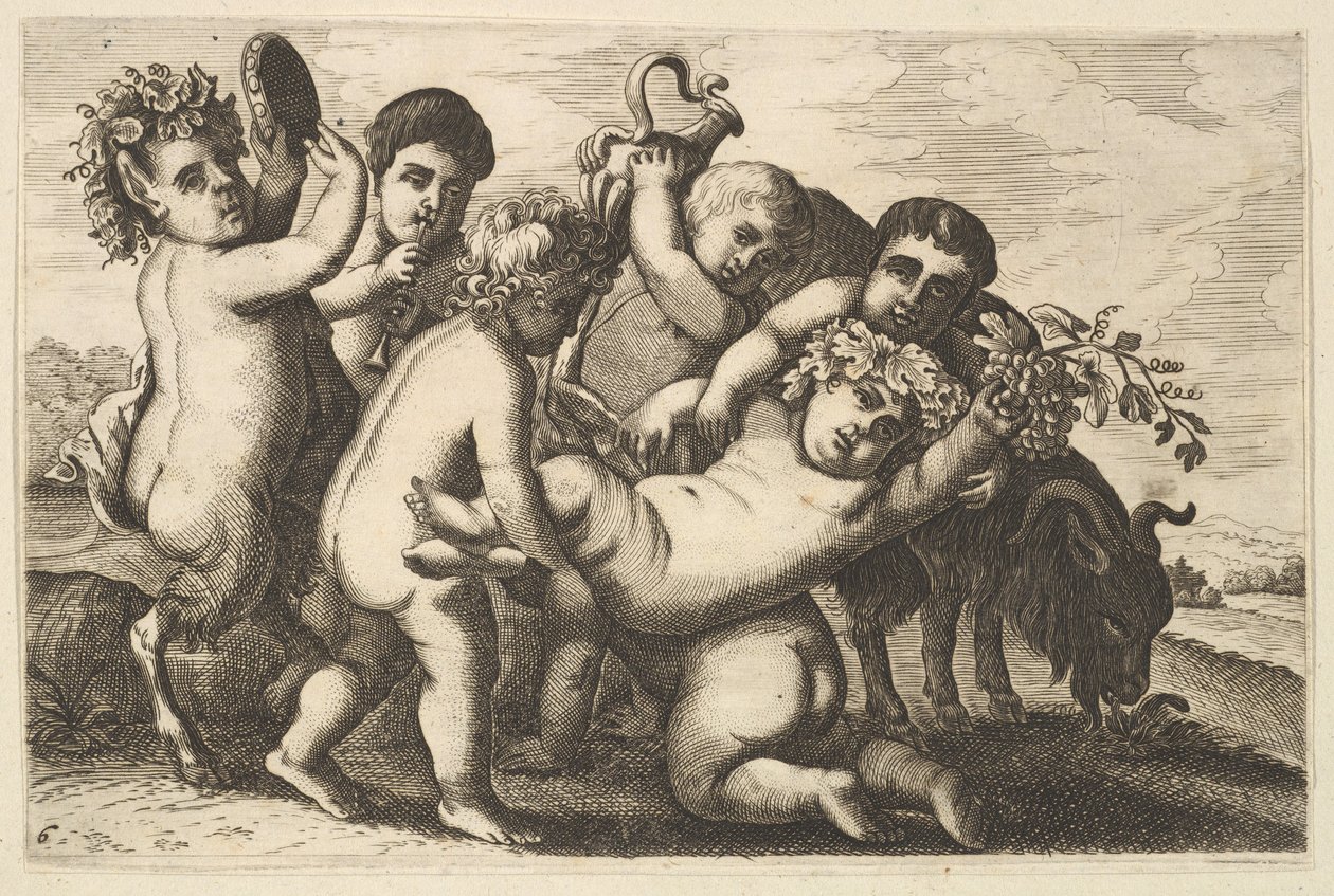 Öt fiú, két szatír és egy kecskemásolat, 17. század. alkotó: Wenceslaus Hollar