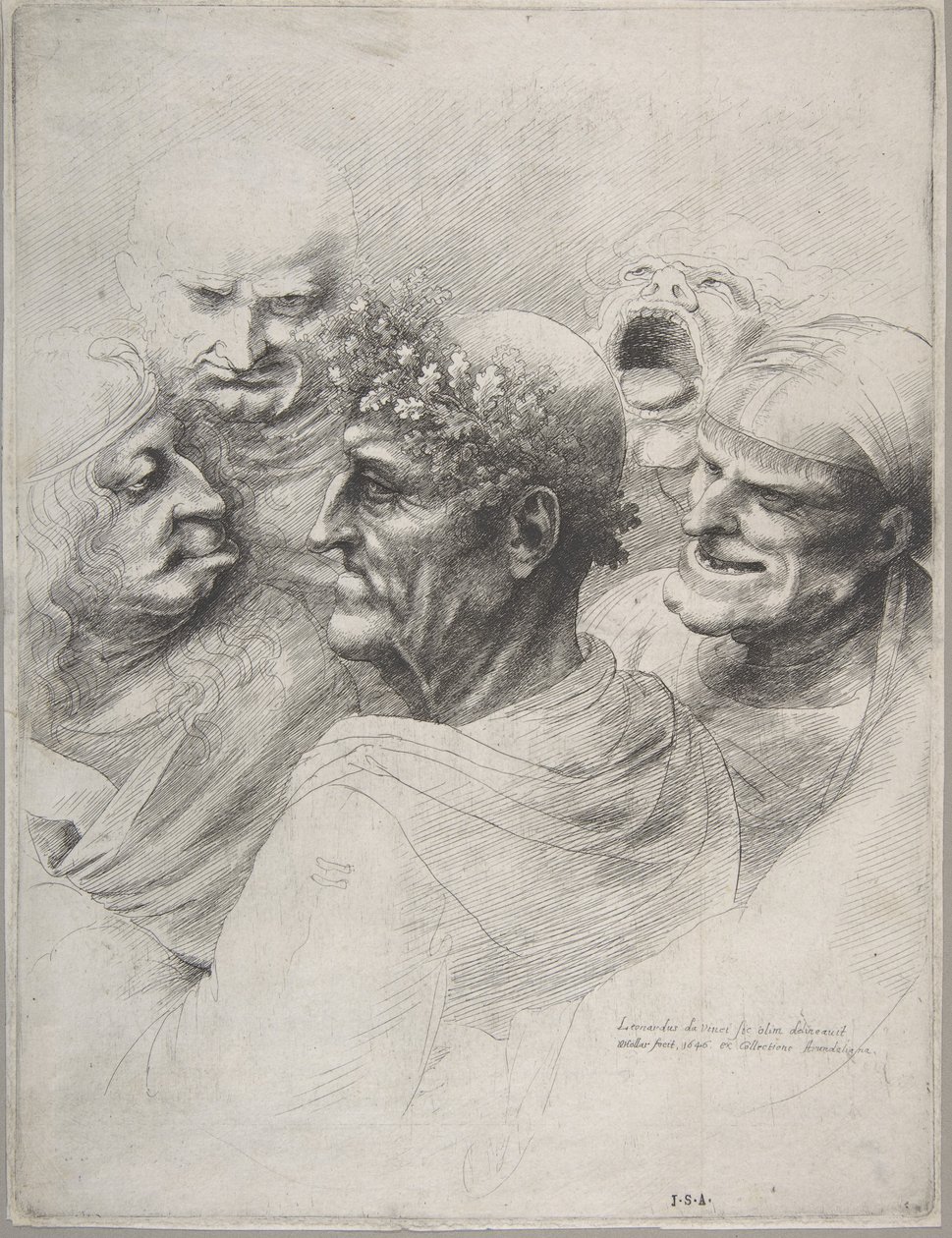Öt groteszk fej, köztük egy idős férfi tölgyfalevél koszorúval, 1646., 1646. alkotó: Wenceslaus Hollar