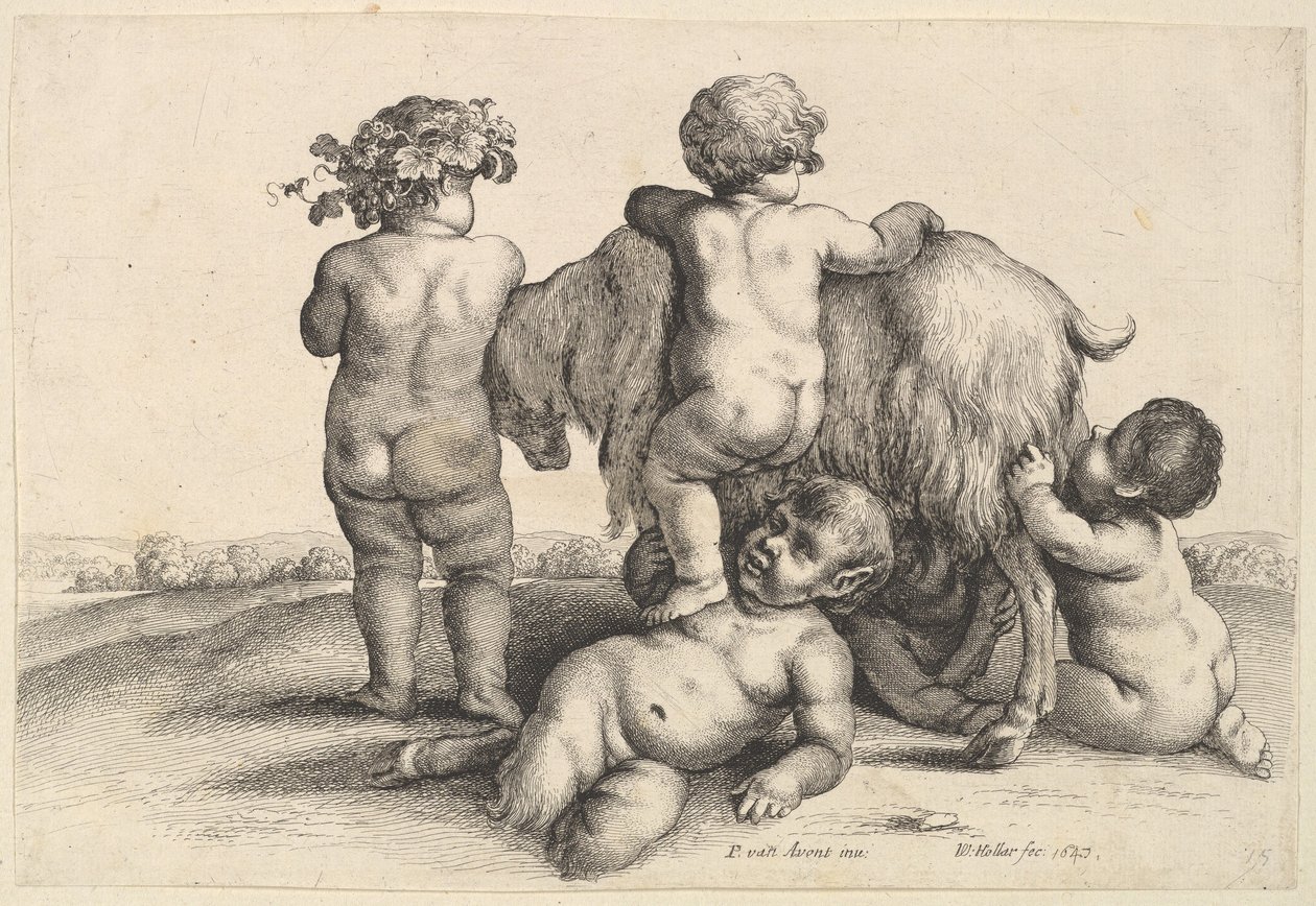 Négy fiú, egy fiatal szatír és egy kecske, 1647. alkotó: Wenceslaus Hollar
