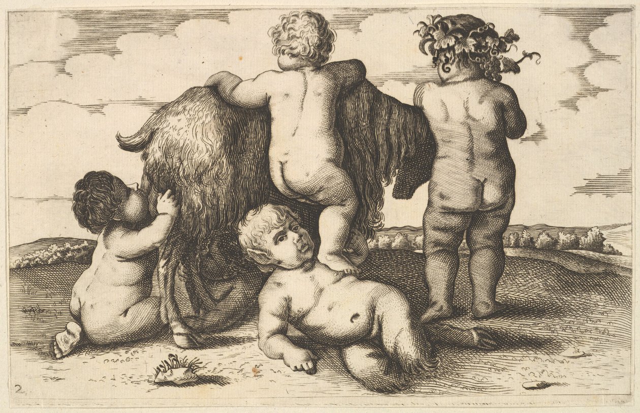 Négy fiú, egy fiatal szatír és egy kecske másolat, XVII. alkotó: Wenceslaus Hollar