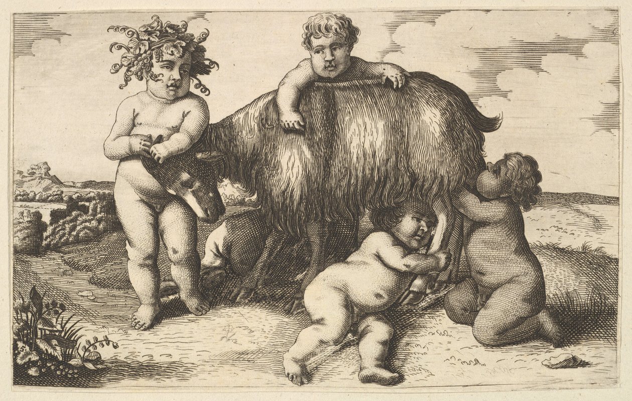 Négy fiú, egy fiatal szatír és egy kecske másolat fordítva, 17. század. alkotó: Wenceslaus Hollar