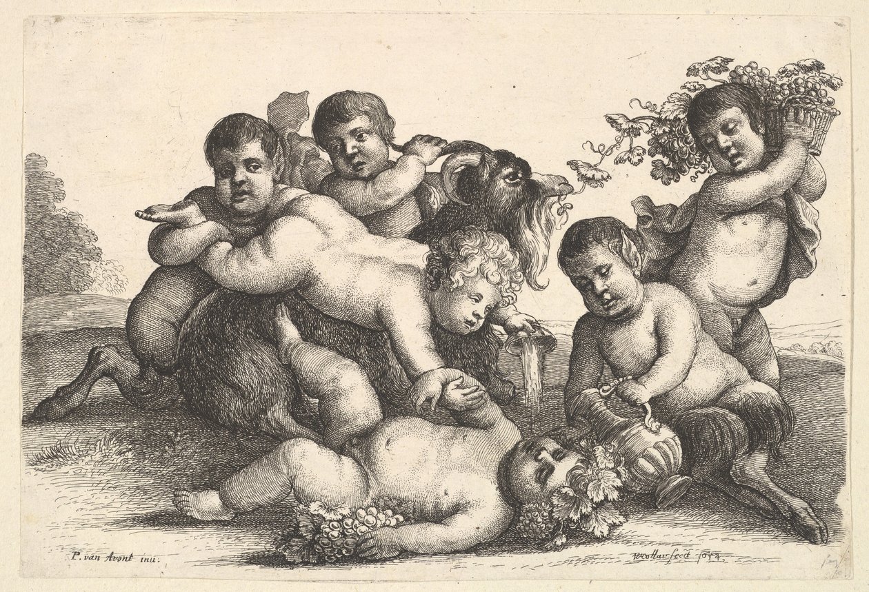 Négy fiú, két szatír és egy kecske, 1654. alkotó: Wenceslaus Hollar