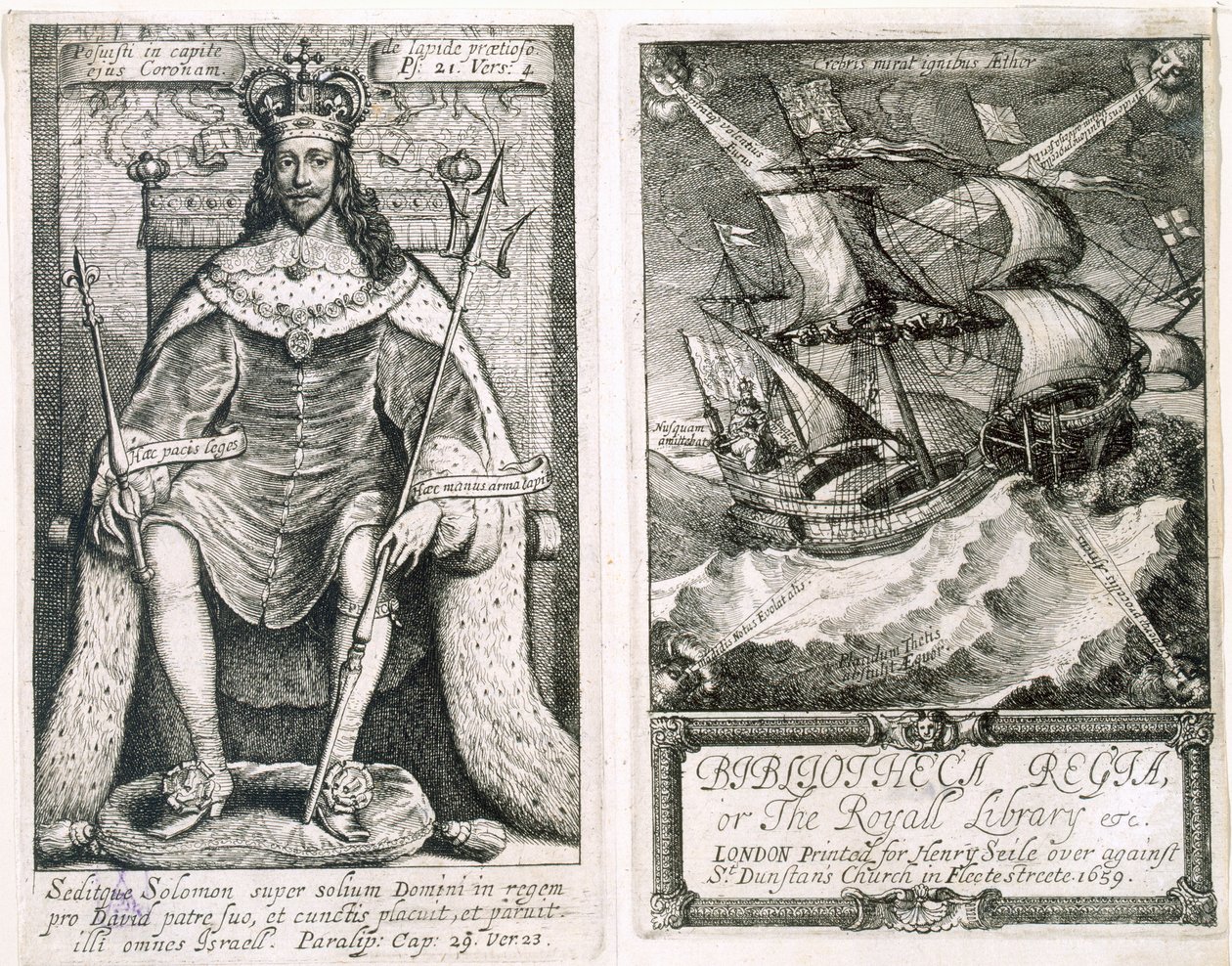 A "Bibliotheca Regia, vagy A királyi könyvtár" címlapja és címlapja, 1659 (metszet és metszet) alkotó: Wenceslaus Hollar