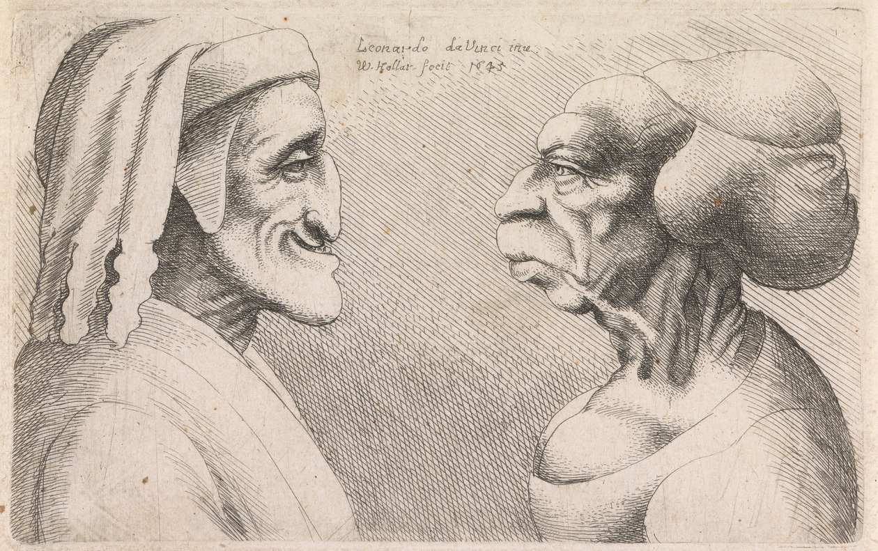 Egymással szemben álló férfi és nő groteszk profilja alkotó: Wenceslaus Hollar