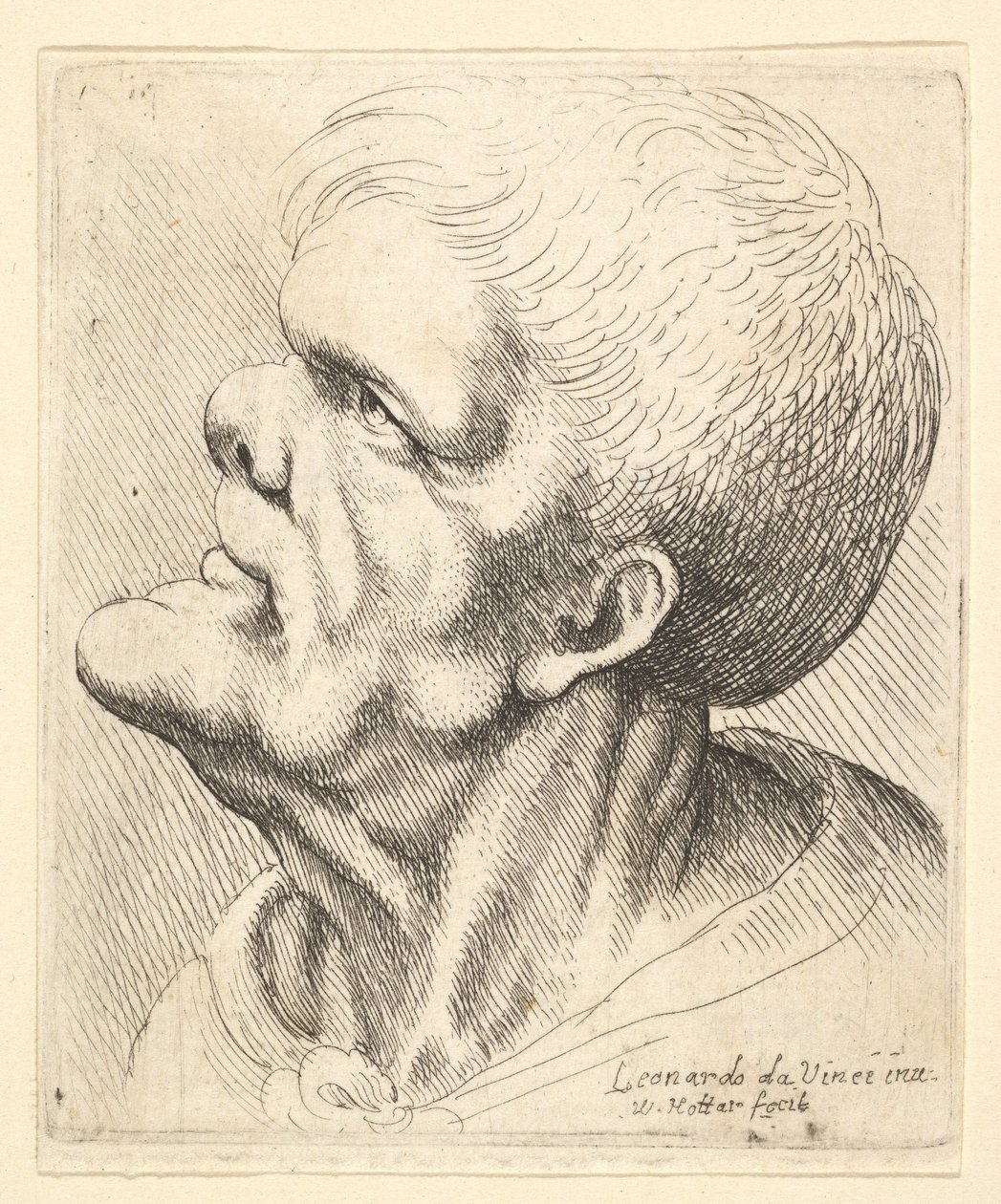 Férfi feje kiálló állal és gunyoros orral, profilban balra felfelé néz, 1625-77. alkotó: Wenceslaus Hollar