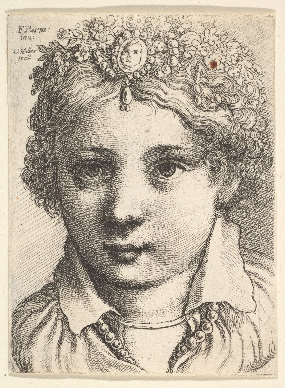 Egy fiatal lány feje, aki drágaköves fejdíszt visel, kb. 1645. alkotó: Wenceslaus Hollar