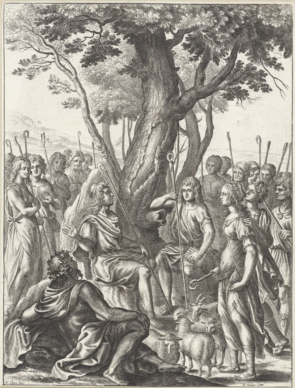 Meliboeus pásztor ítéli meg Corydon és Thyrsis pásztorok játékát Vergilius művei (sorozat címe) alkotó: Wenceslaus Hollar