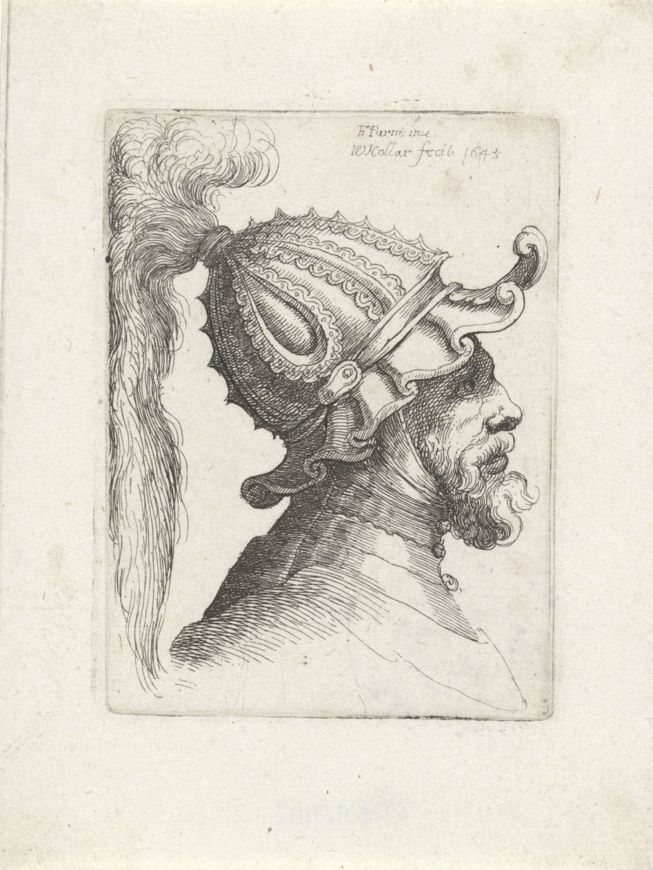 Feje egy férfi tollas sisakos Sisakos fejek Parmigianino felé (sorozat címe) alkotó: Wenceslaus Hollar