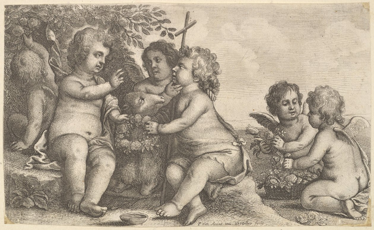 Jézus, Keresztelő Szent János és négy kerub, 1625-77. alkotó: Wenceslaus Hollar
