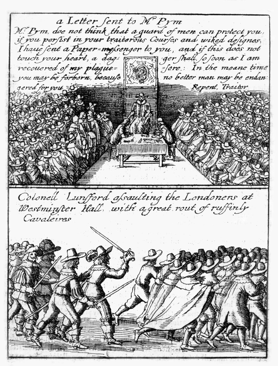 John Pym levelet olvas fel az alsóházban; Thomas Lunsford ezredes és katonái megtámadják a londoniakat alkotó: Wenceslaus Hollar