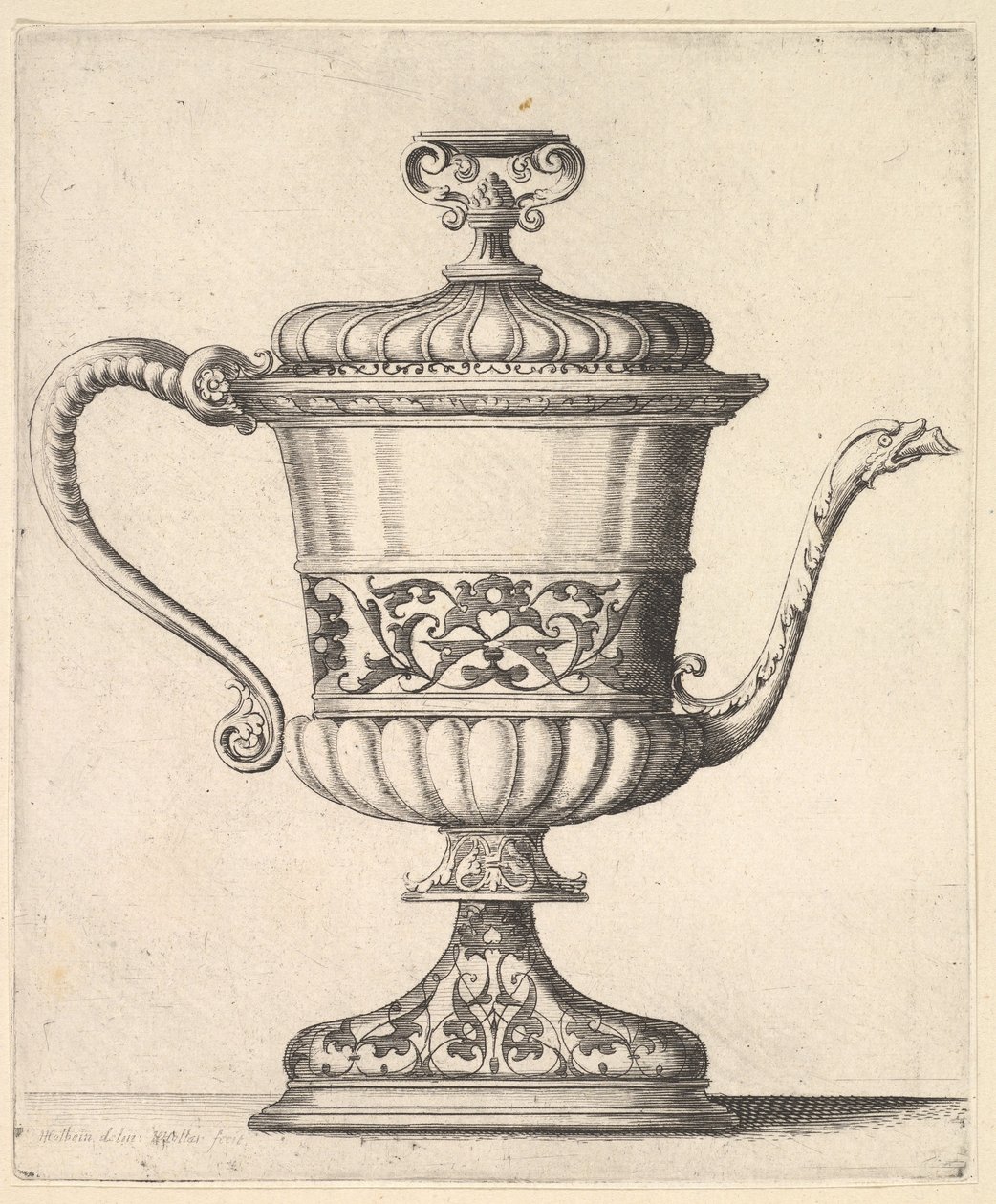Fedős kancsó arabeszk mintával, keskeny kifolyója jobbra kígyóval végződik..., 1625-77. alkotó: Wenceslaus Hollar