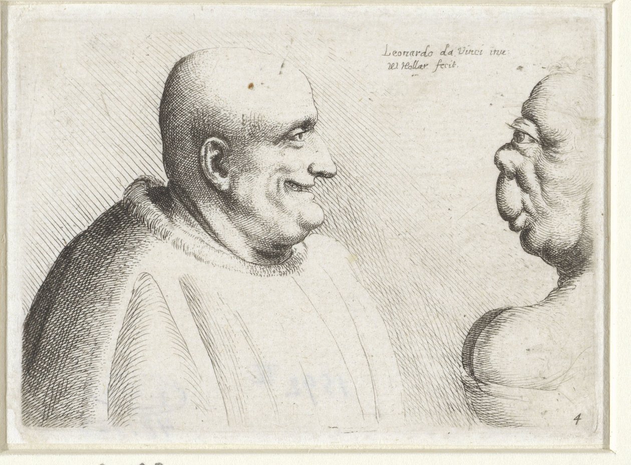 Egy nagydarab kopasz férfi és egy groteszk nő feje Varie figurae et probae (sorozat címe) Karikatúrák, fejek és deformitások Leonardo da Vinci után (sorozat címe) alkotó: Wenceslaus Hollar