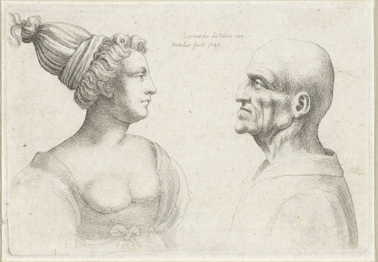 Egy kopasz férfi és egy turbános nő feje Varie figurae et probae (sorozat címe) Karikatúrák, fejek és deformitások Leonardo da Vinci után (sorozat címe) alkotó: Wenceslaus Hollar