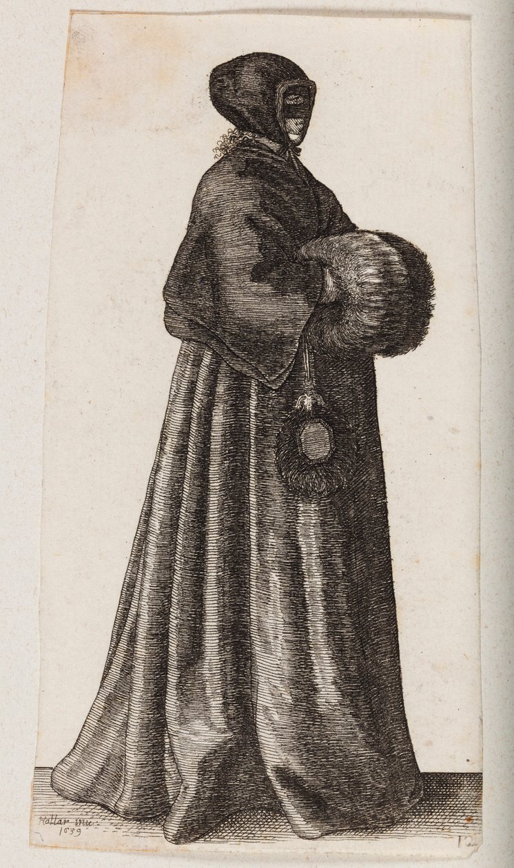 Feketébe öltözött nő, maszkban, csipkés sapkában és muffban alkotó: Wenceslaus Hollar