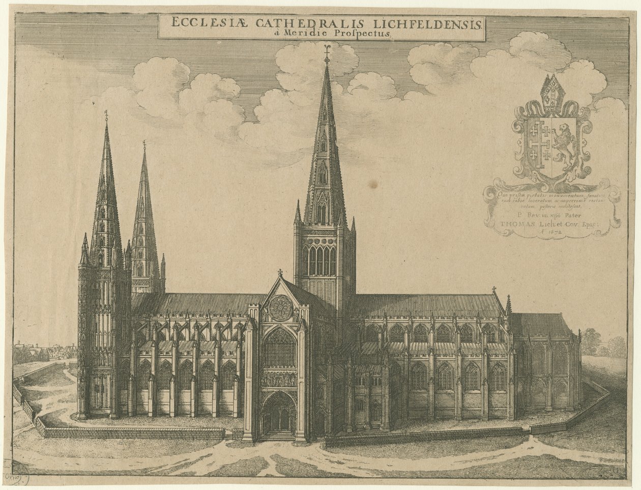 Lichfield katedrális - Déli nézet: metszet alkotó: Wenceslaus Hollar