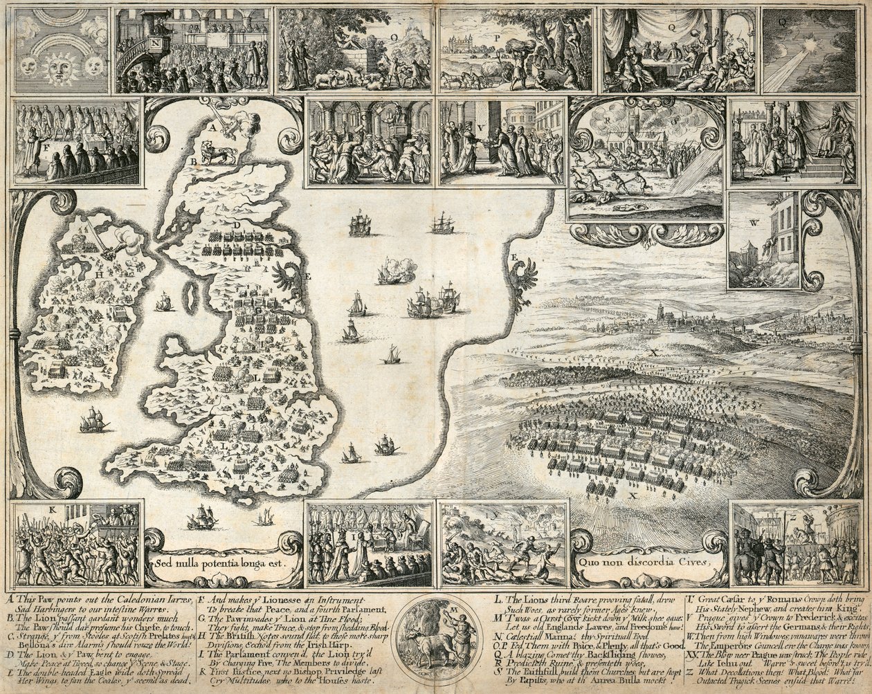 A Brit-szigetek térképe és a 17. századi történelmi események illusztrációi, 1659 alkotó: Wenceslaus Hollar
