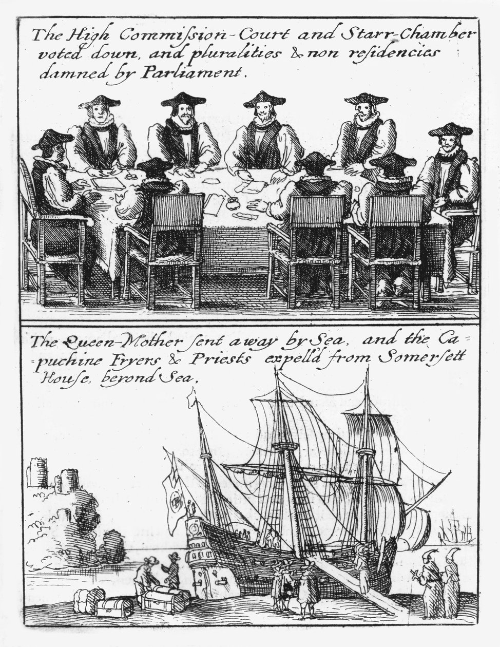 A Csillagkamara tagjai; Henrietta Mária királynő Angliából hajózik alkotó: Wenceslaus Hollar