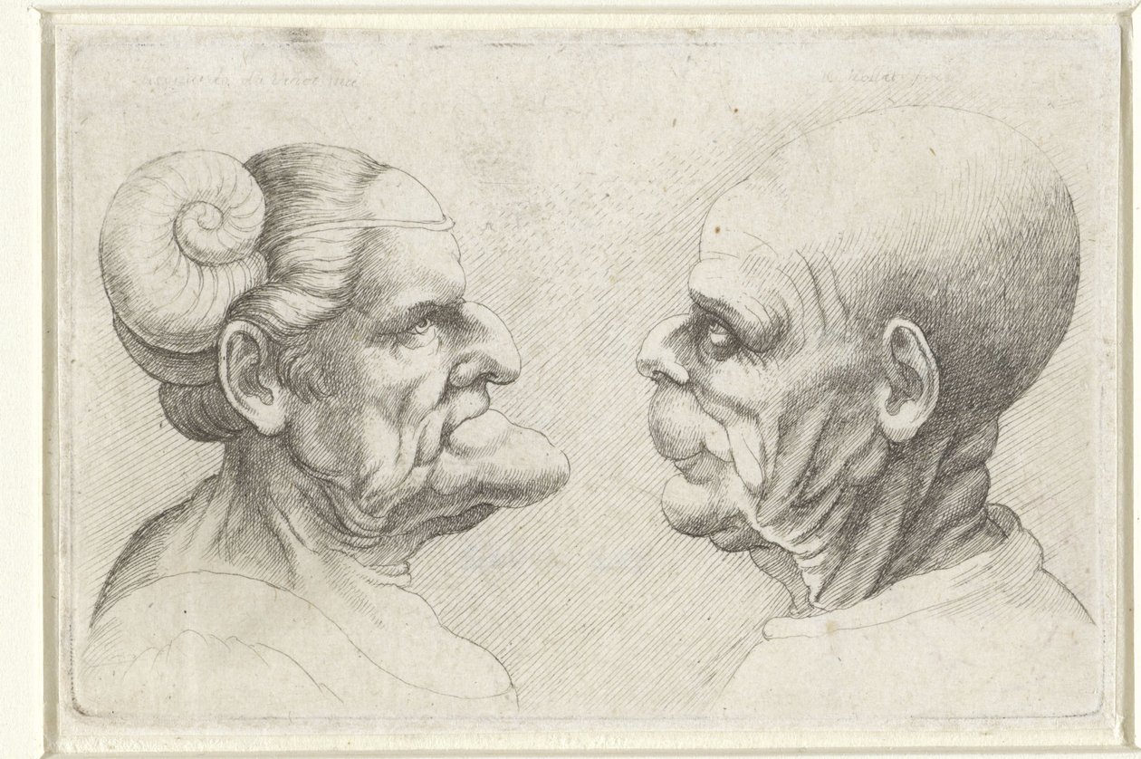 Egy kopasz férfi és nő deformált feje szarvakkal a fejükön Varie figurae et probae (sorozat címe) Karikatúrák, fejek és deformitások Leonardo da Vinci után (sorozat címe) alkotó: Wenceslaus Hollar