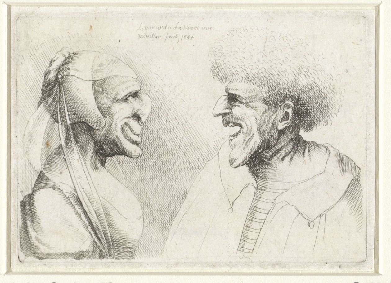 Egy nevető férfi és nő deformált feje csuklyával Varie figurae et probae (sorozat címe) Karikatúrák, fejek és deformitások Leonardo da Vinci után (sorozat címe) alkotó: Wenceslaus Hollar