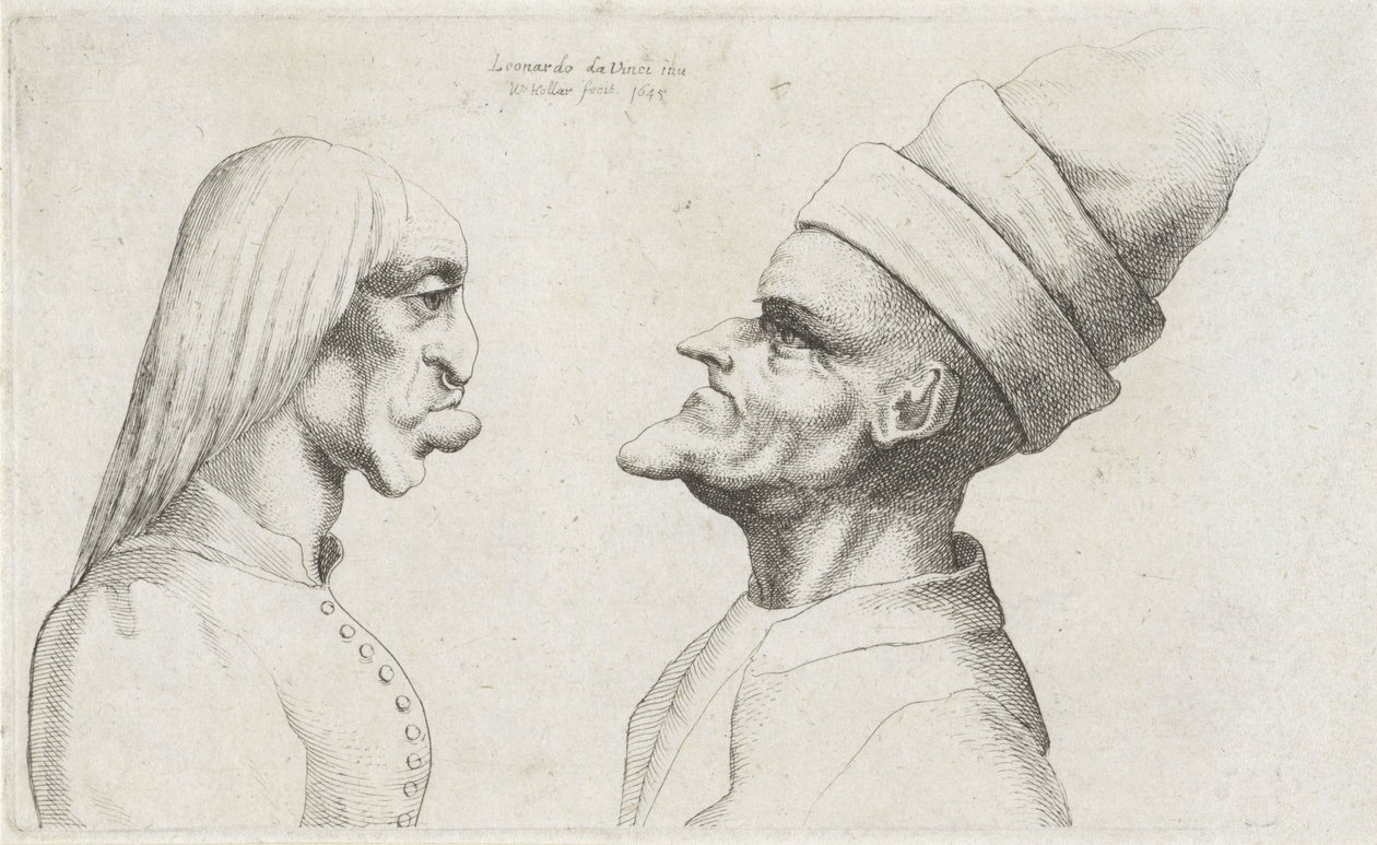 Egy egyenes hajú nő és egy dupla karimájú kalapos férfi deformált feje Varie figurae et probae (sorozat címe) Karikatúrák, fejek és deformitások Leonardo da Vinci után (sorozat címe) alkotó: Wenceslaus Hollar