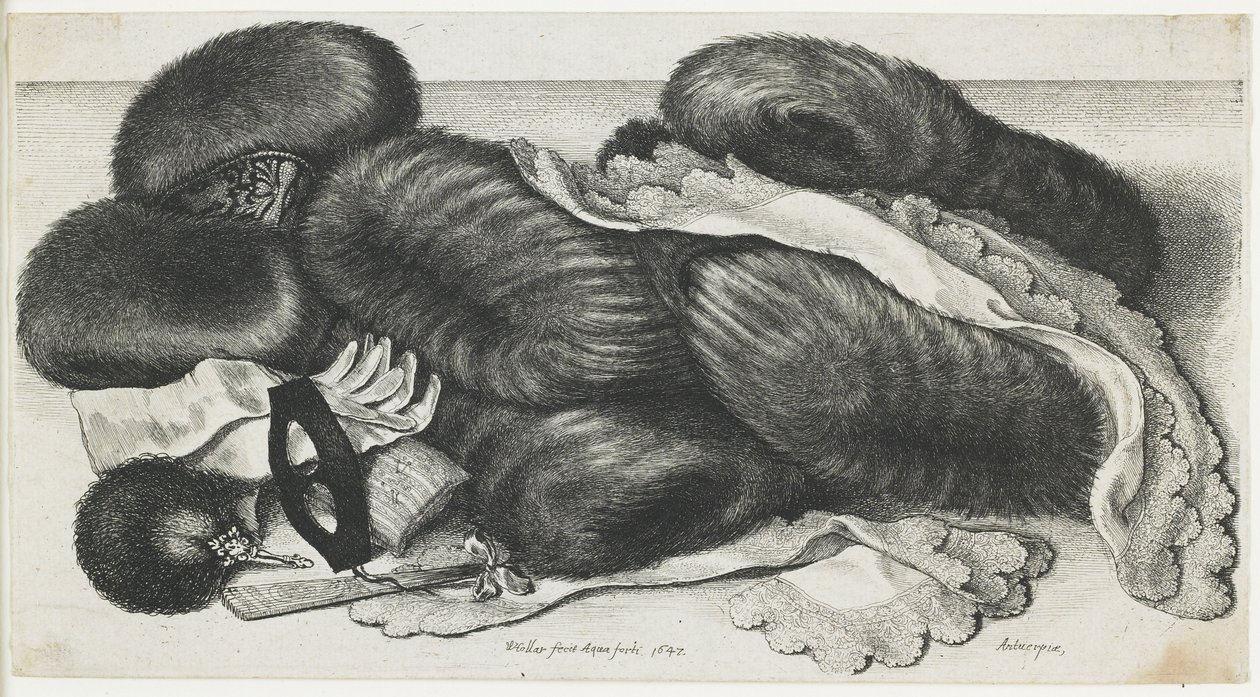 Muffok és ruhadarabok egy asztalon, 1647 alkotó: Wenceslaus Hollar