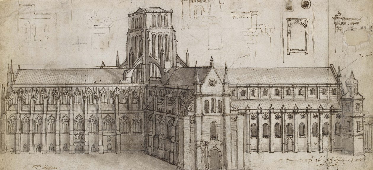 A régi Szent Pál-székesegyház északkeletről (Toll, barna tinta és szürke tus grafitra, metszve és dörzsölve az átvitelhez) alkotó: Wenceslaus Hollar