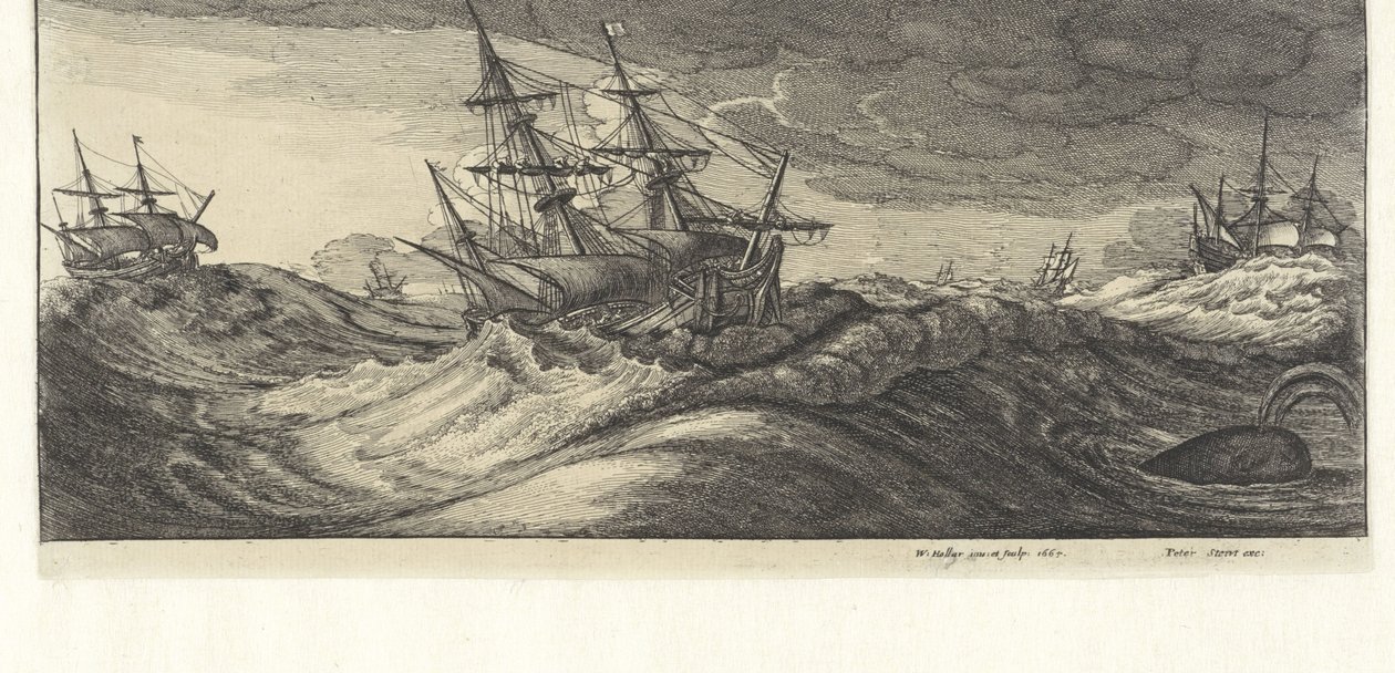 Hadihajók és egy bálna a tengeri viharban Tengeri viharok (sorozat címe) alkotó: Wenceslaus Hollar