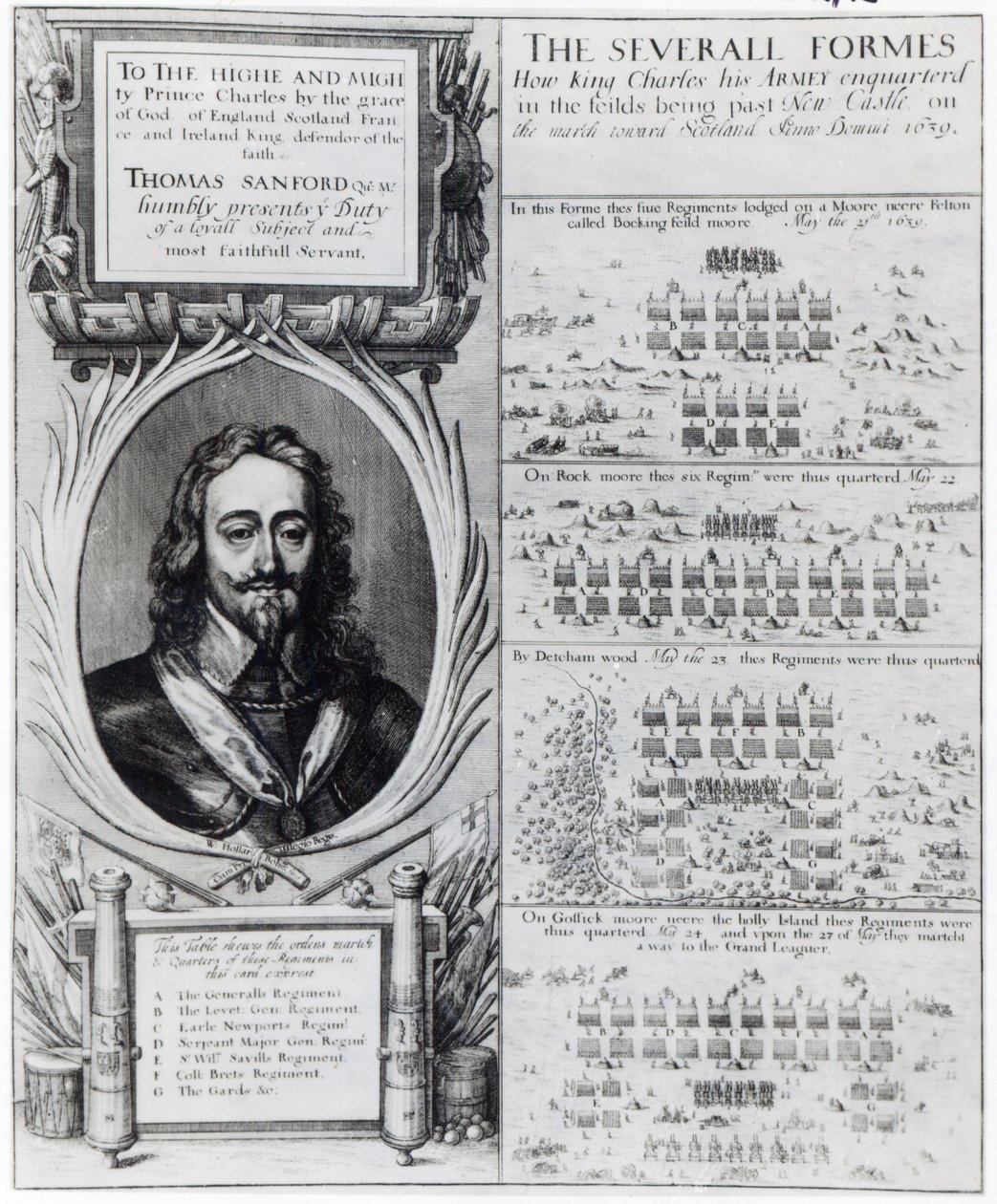 I. Károly király portréja diagramokkal, amelyek a püspökök háborúja alatti csapatainak megalakulását mutatják, 1639 körül alkotó: Wenceslaus Hollar