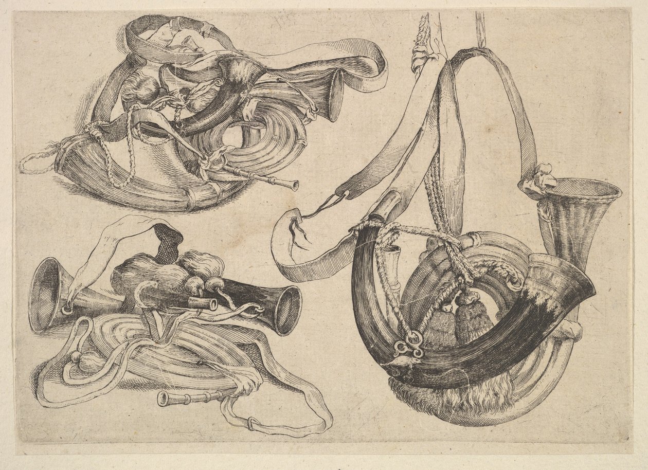 Hét vadászkürt három csoportban, 1625-77. alkotó: Wenceslaus Hollar