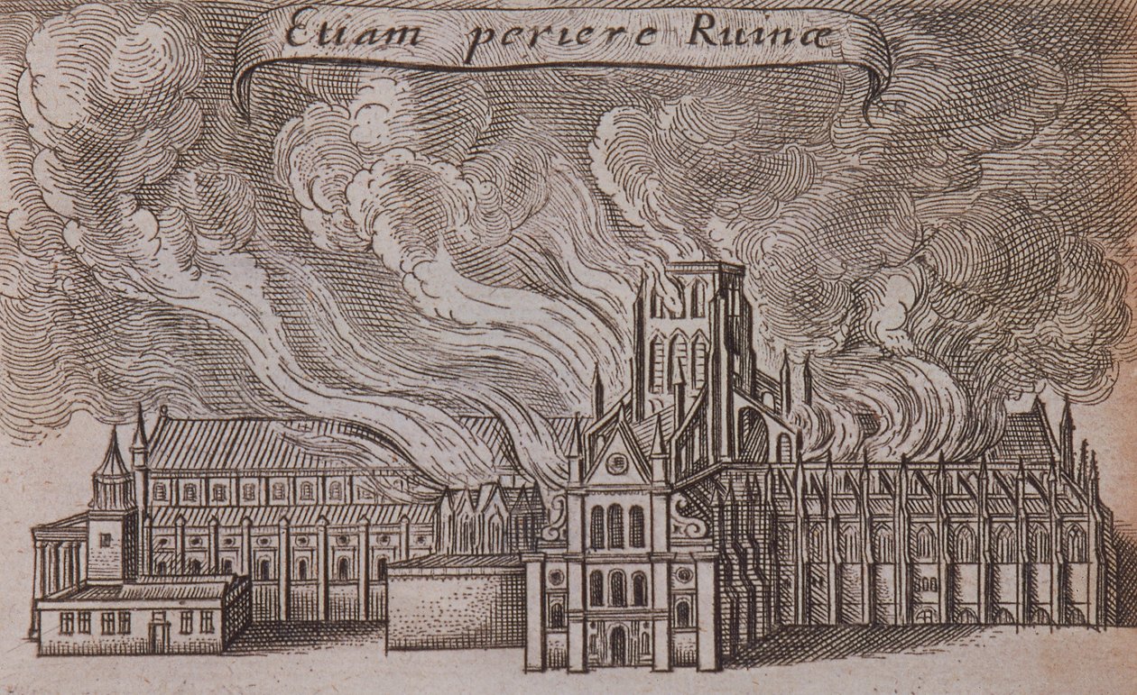 A régi londoni Szent Pál-székesegyház lángokban áll, 1666-ban alkotó: Wenceslaus Hollar